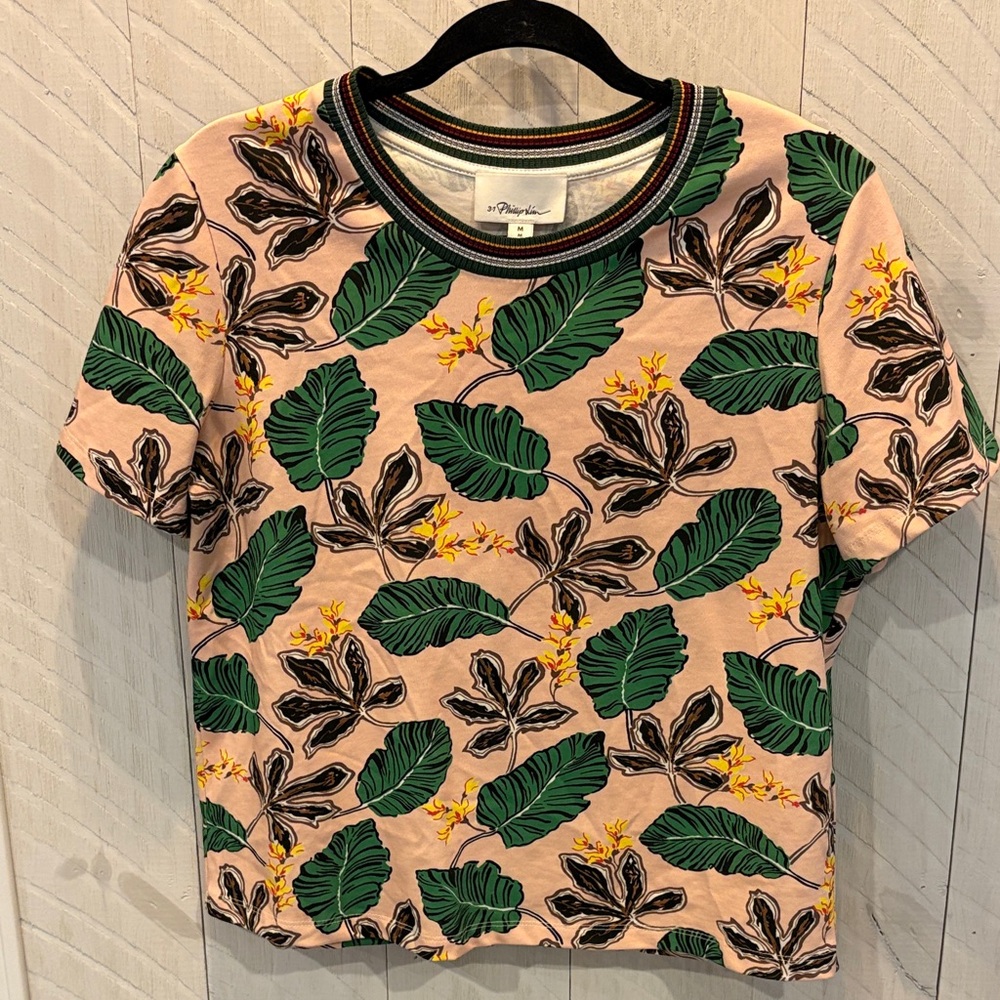 3.1 Phillip Lim Short Sleeve Tee Palm Leaf Tropical Print pink green EUC Medium - Picture 2 of 9